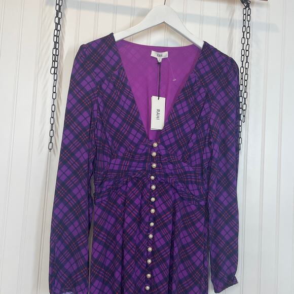 NWT Anthropologie Rahi Purple Plaid Trista Dress Size S Pearl Button Plunge Neck - Picture 3 of 8